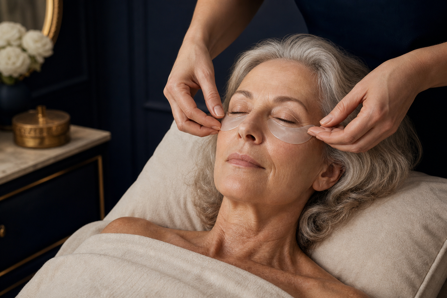 A mature client lying back with closed eyes while semi-transparent hydrogel eye masks are applied beneath her eyes on a spa bed