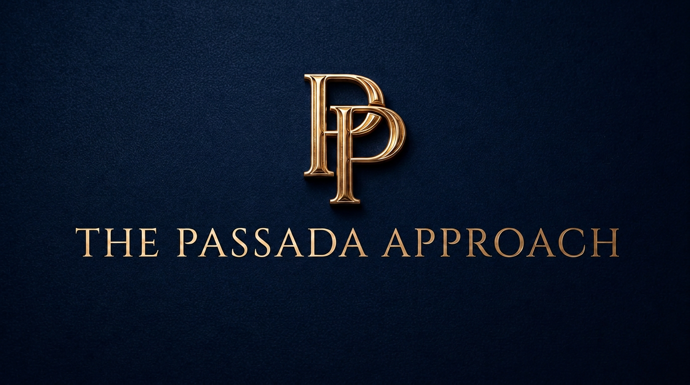 The Passada Approach — Passada Place signature artwork with the interlocking PP monogram over calm navy water.