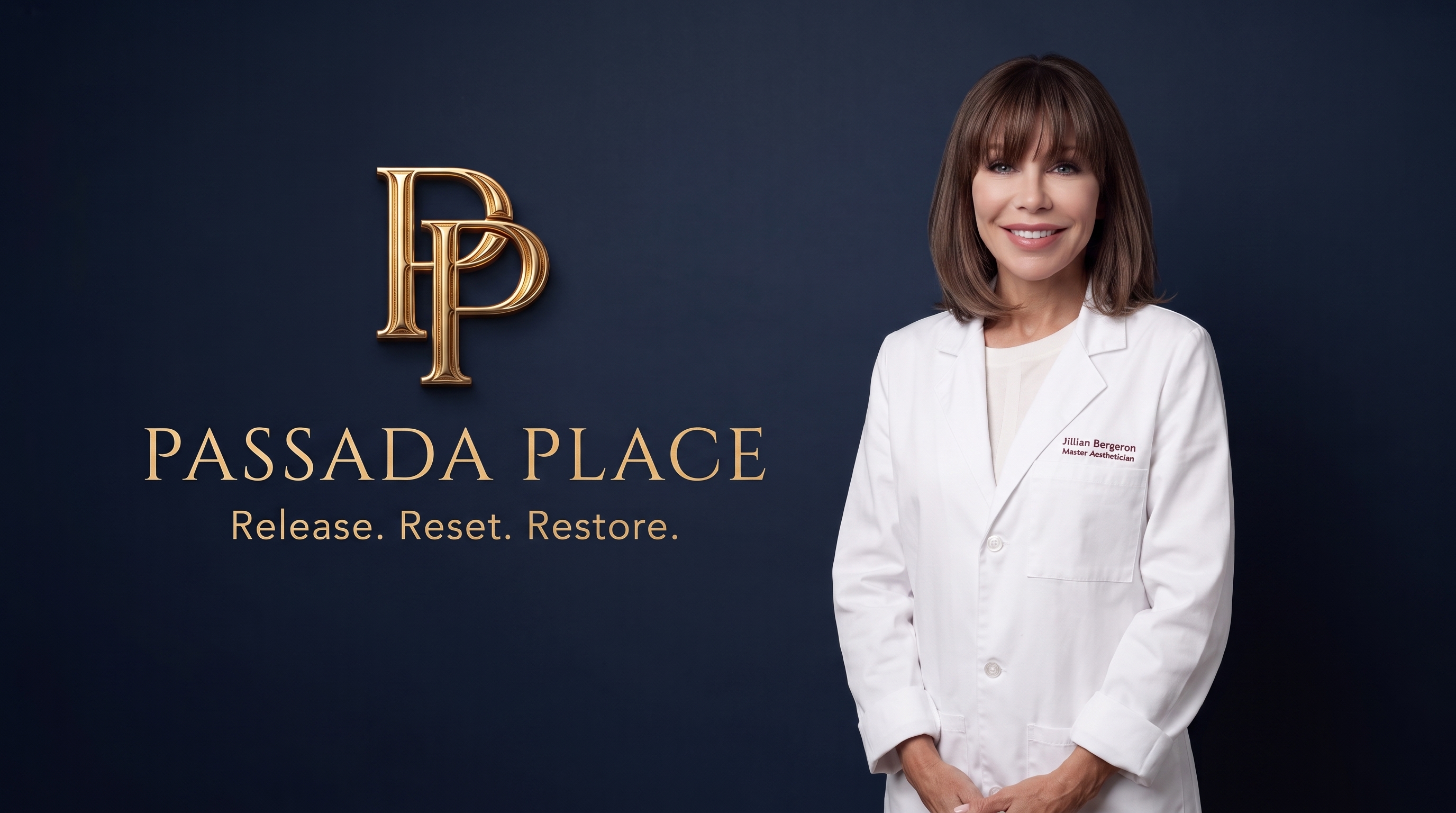 Jillian Bergeron, Master Aesthetician and Founder of Passada Place in Portsmouth, New Hampshire, in her embroidered white coat