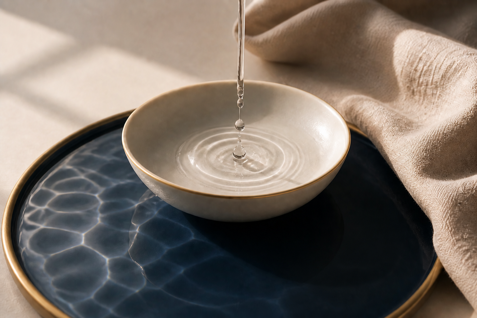 Water falling into an ivory ceramic bowl on a gold-rimmed navy tray beside a folded linen towel