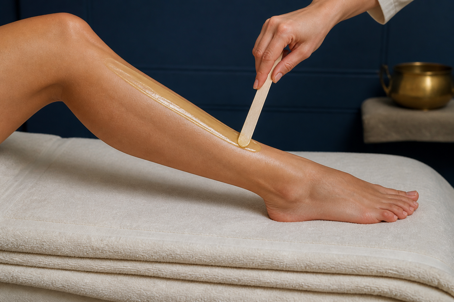 Close-up of one lower leg resting on ivory towels from knee through all five toes, with a single practitioner hand applying warm wax along the shin using a wooden spatula