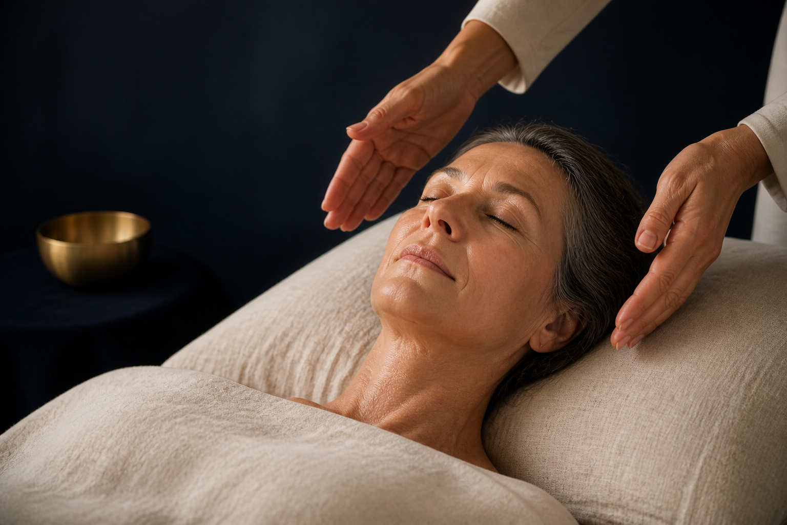 A client lying calmly under linen while hands are held just above her head and shoulder during energy work near a brass singing bowl